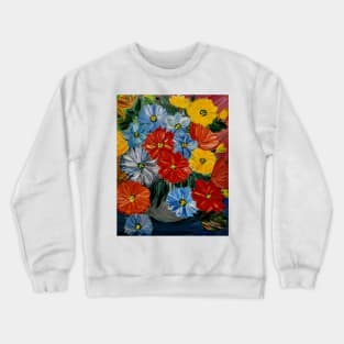 A beautiful bouquet of mixed flowers in a silver vase . Using Blod vibrant background colors Crewneck Sweatshirt